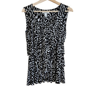 White House Black Market Blouse Tiered Ruffles Black White Women's Medium